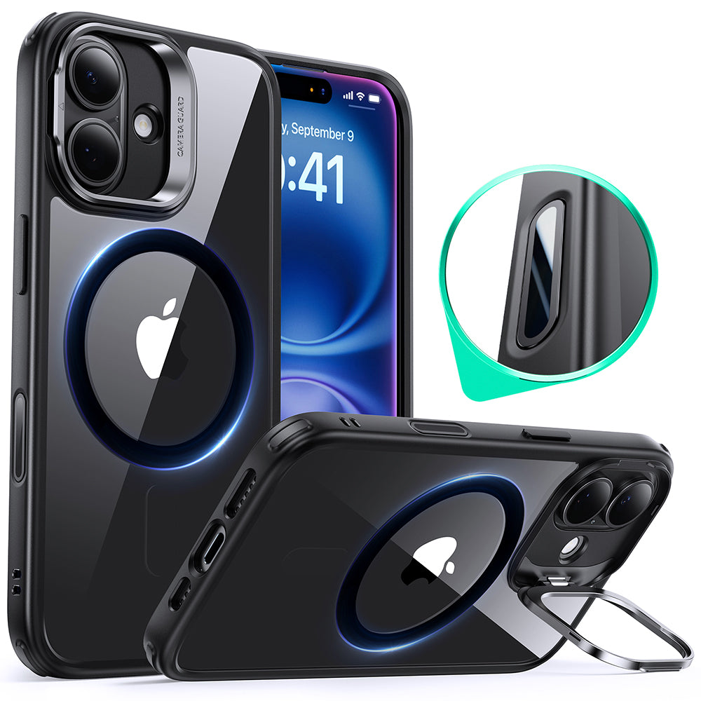 iPhone 16 HaloLock Classic Hybrid Case (Camera Control, Stash Stand) - Clear Black - ESR