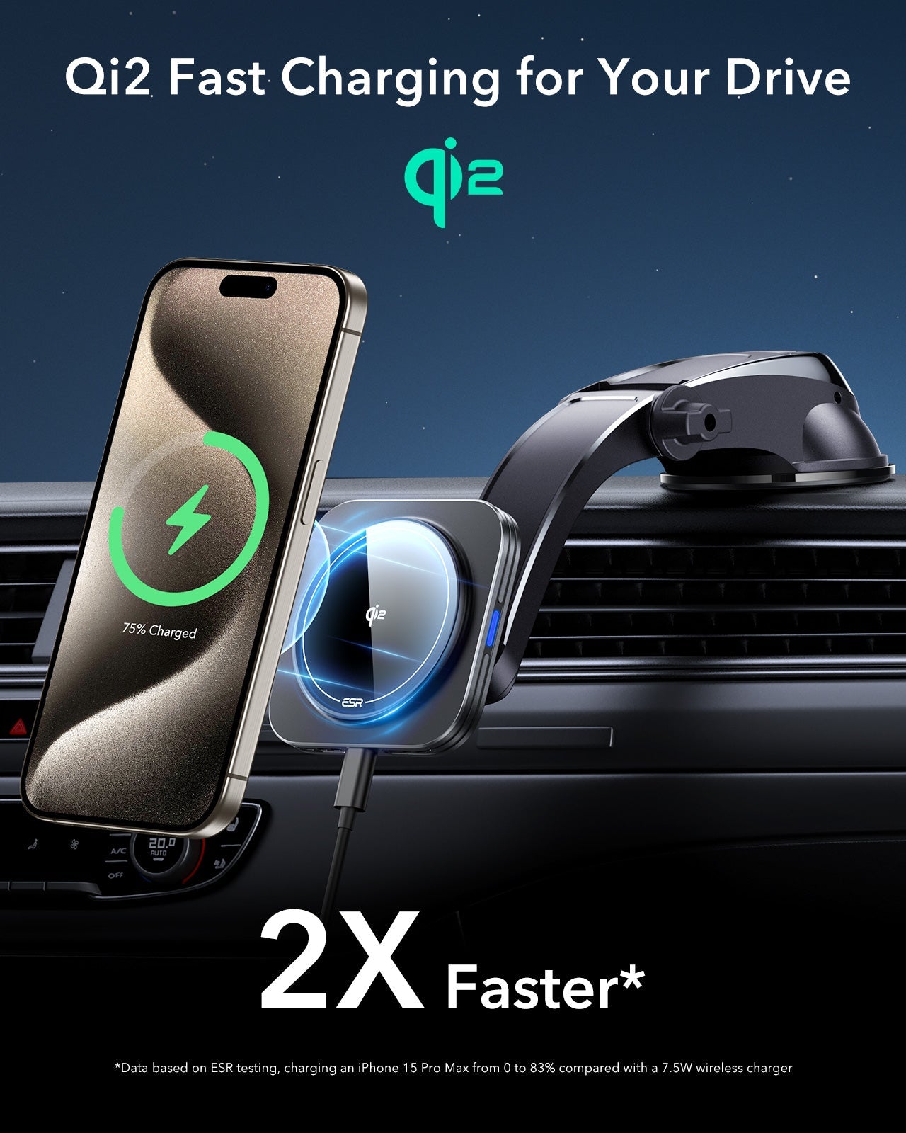 KF2 Qi2 Dashboard Wireless Car Charger with Low-Profile Mounting Arm