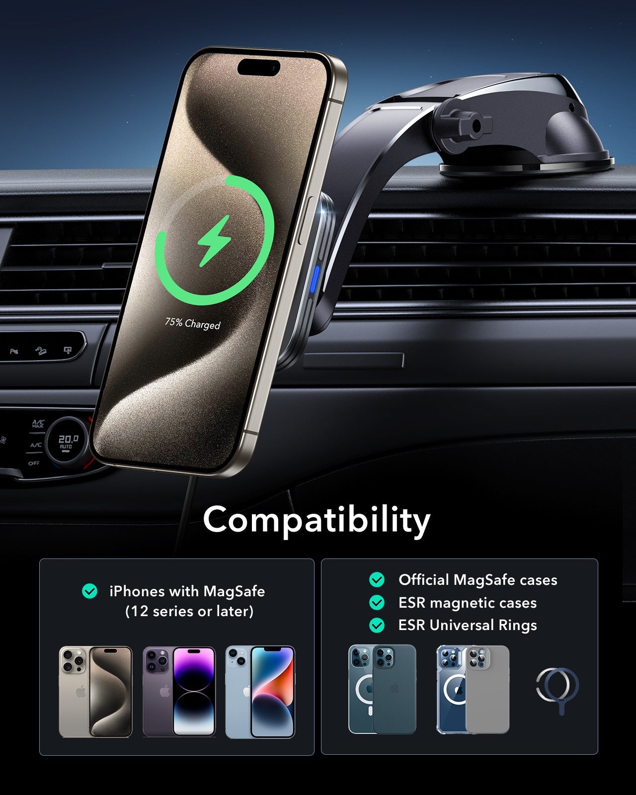 KF5 Qi2 Dashboard Wireless Car Charger with Low-Profile Mounting Arm