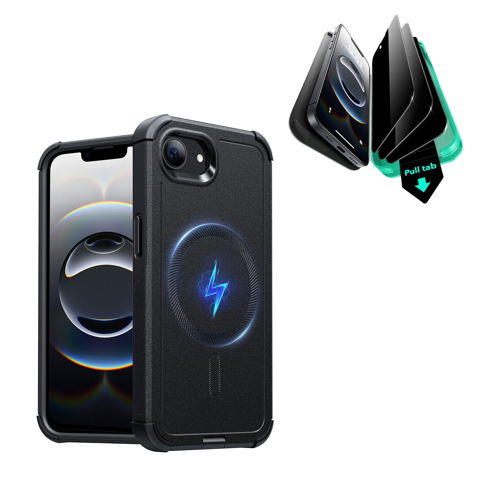 iPhone 16e HaloLock Cyber Tough Case Privacy Protection Bundle - Black - ESR