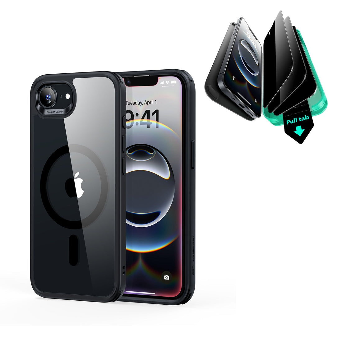 iPhone 16e HaloLock Classic Hybrid Case Privacy Protection Bundle - Clear Black ESR