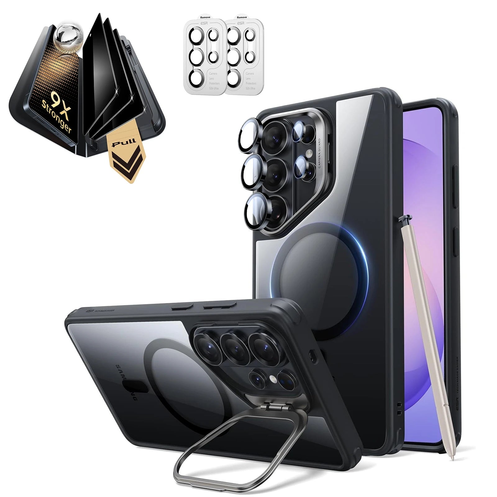 Galaxy S26 Ultra Classic Hybrid Magsafe Case with Stand and Corning Glass Privacy Screen Protector Set Clear BlacK