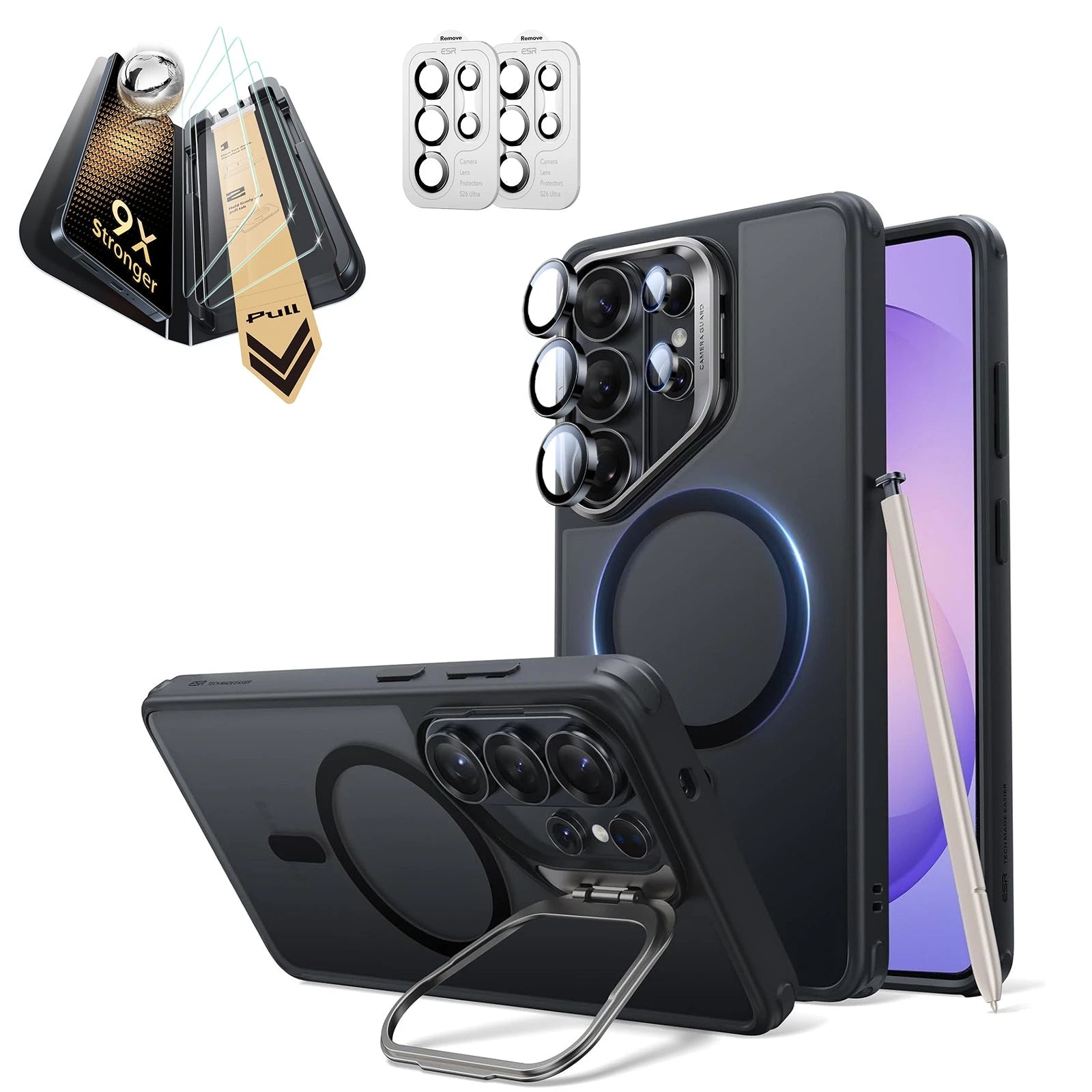 Galaxy S26 Ultra Classic Hybrid Magsafe Case with Stand and Corning Glass Screen Protector Set Frosted Black