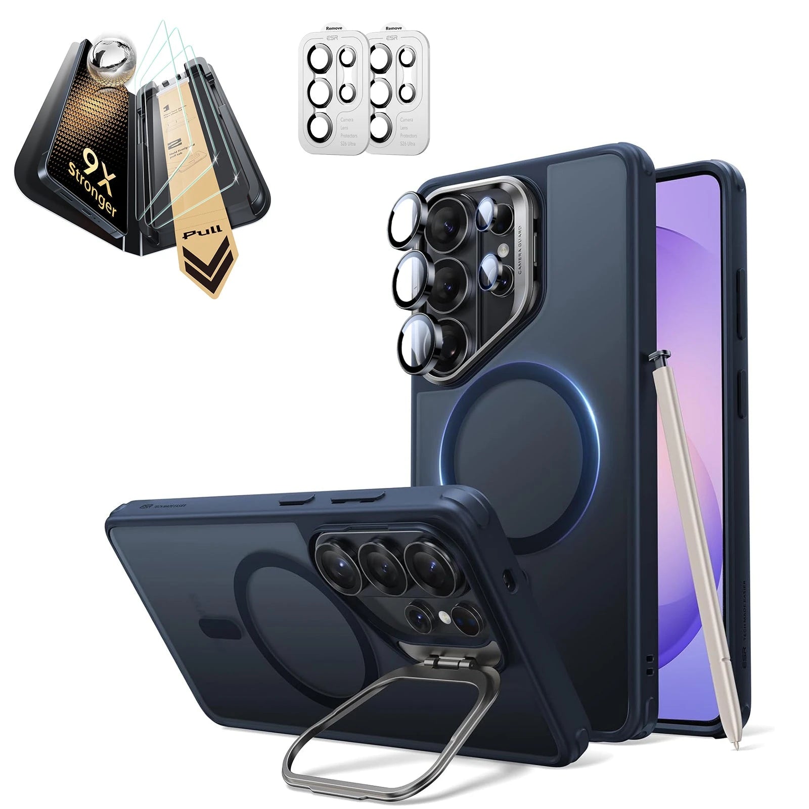  Galaxy S26 Ultra Classic Hybrid Magsafe Case with Stand and Corning Glass Screen Protector Set Frosted Blue