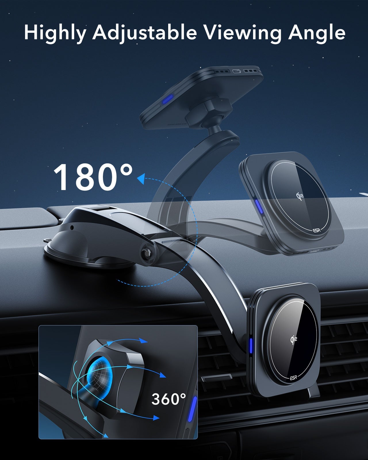 KF7 Qi2 Dashboard Wireless Car Charger with Low-Profile Mounting Arm