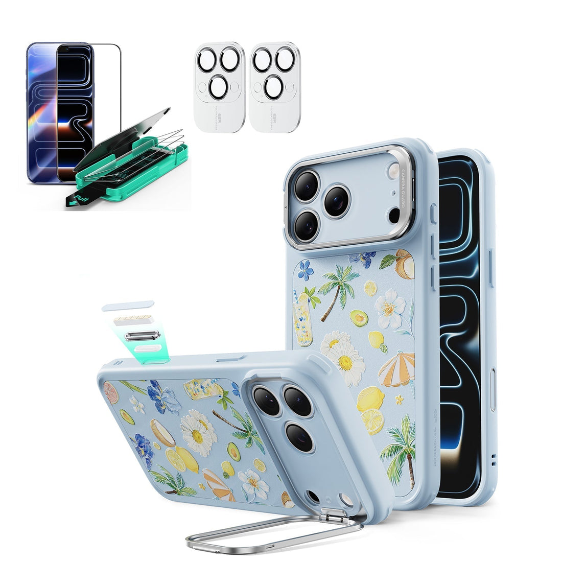 Blue Floral iPone 17 Pro Magsafe Case with Stand pair Armorite Tempered Glass Screen Protector