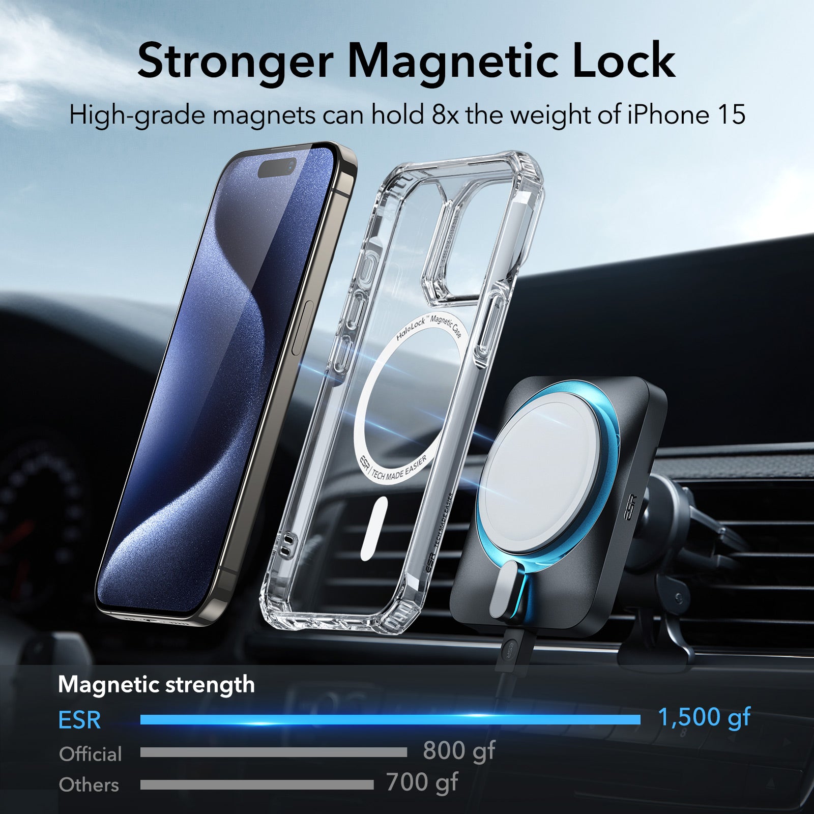 iPhone 15 Pro Max Air Armor Clear Case Set (HaloLock) - Clear Dark Blue ESR