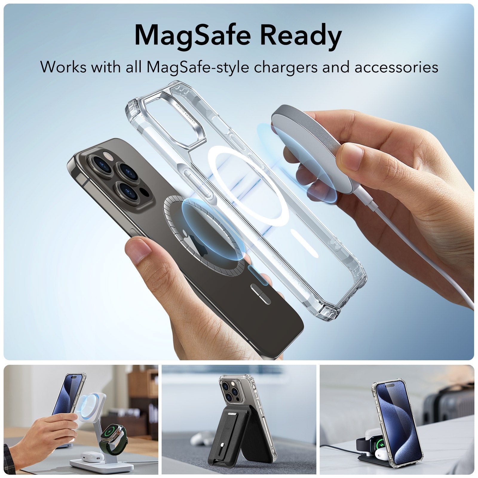 iPhone 15 Pro Max Air Armor Clear Case Set (HaloLock) - Clear Dark Blue ESR