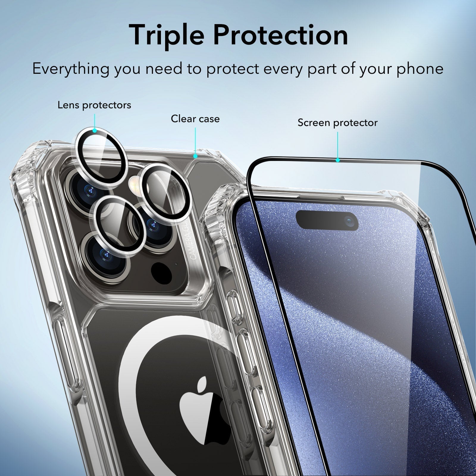 iPhone 15 Pro Max Air Armor Clear Case Set (HaloLock) - Clear Dark Blue ESR