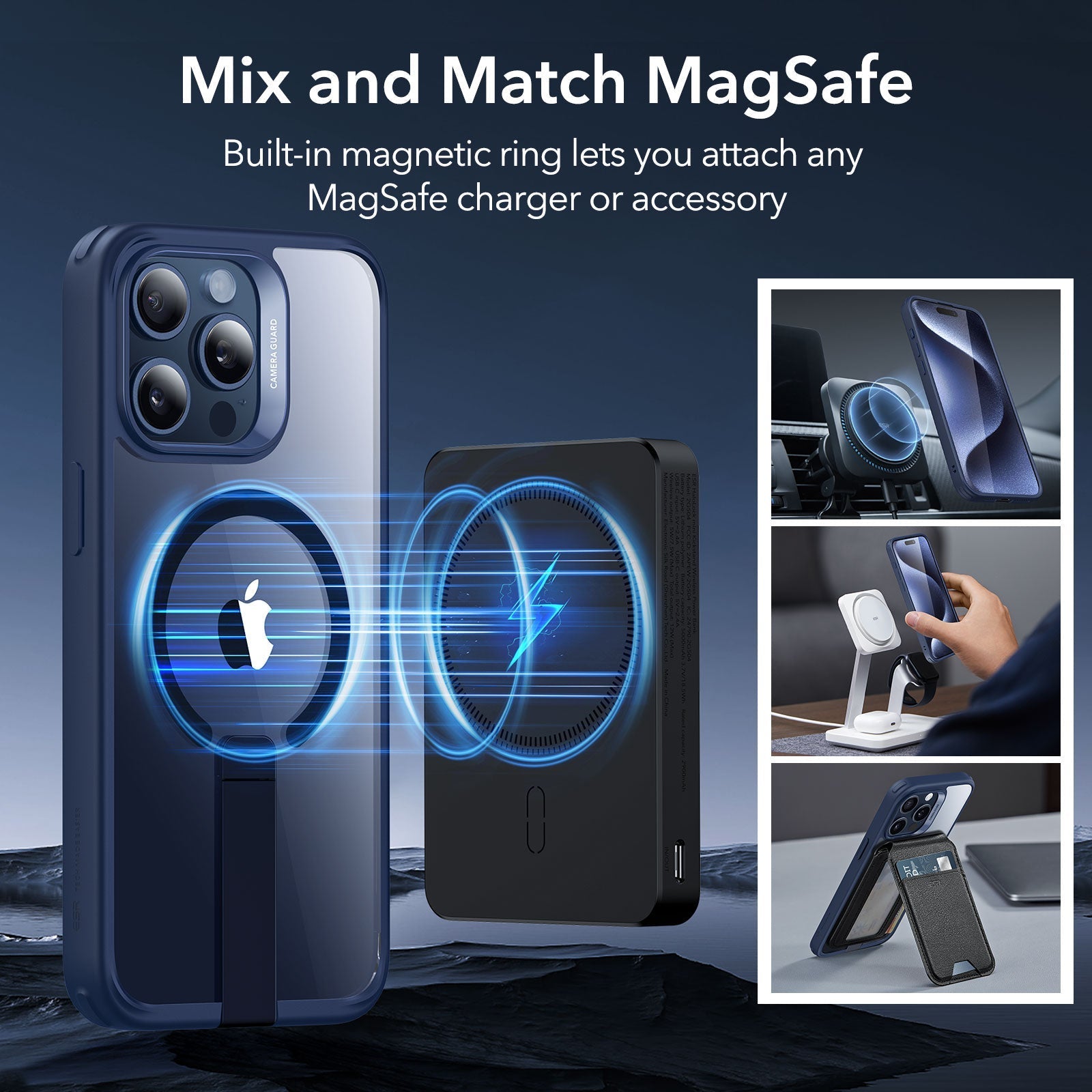 iPhone 15 Pro Max Boost Flickstand Case (HaloLock) - Clear Dark Blue ESR